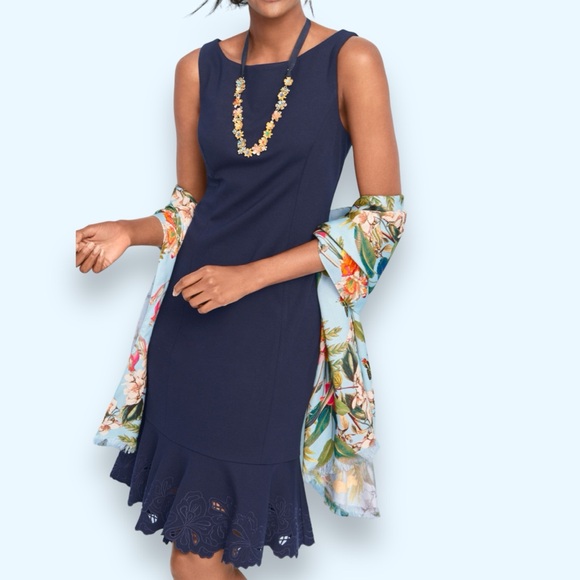 Talbots RSVP Embroidered Flounce Sheath Dress Navy Ponte Sleeveless size 12 NEW - Picture 2 of 10